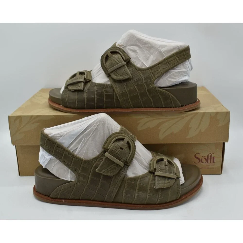 Sofft Women Size 7.5 Adalia Pale Olive Buckle Suede Croc Embossed Leather Sandal